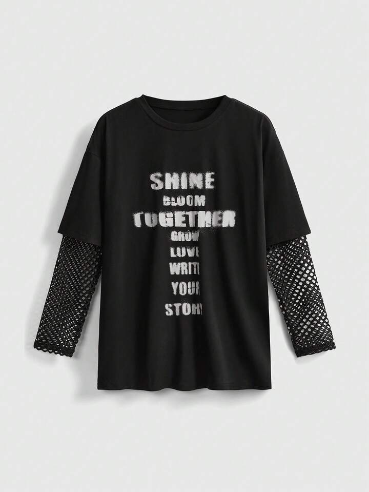 Gothic Academy Cat Print Mesh Patchwork Loose T-Shirt For Women, Back To School Season
