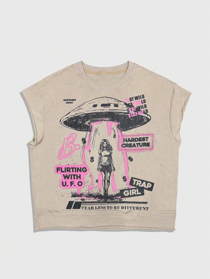 Men's Street Life Summer Letter & Figure Print Crew Neck Casual Top