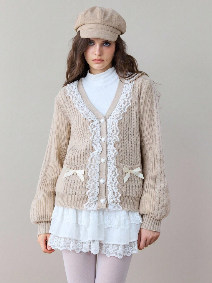 Kawaii Women's Casual Everyday Contrast Lace Bow Decor Front Button Cardigan