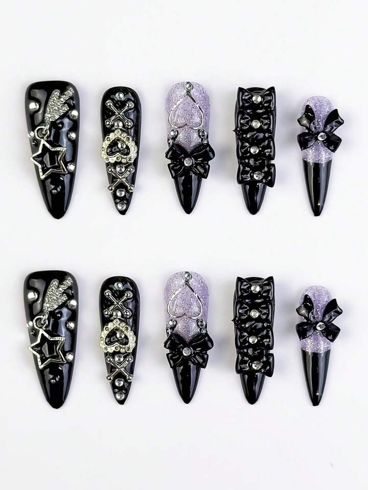 Anime 10pcs Y2K Cute Heart, Star, Bow, Wing Nail Art Stickers With Tape