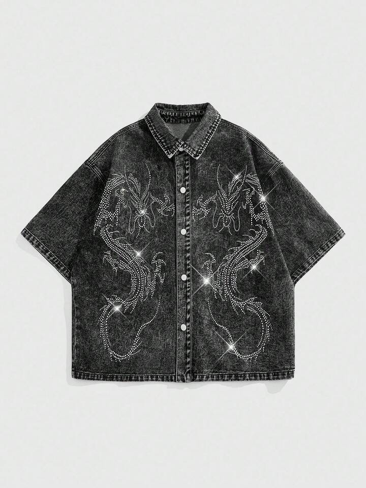 Anime Men's Drop Shoulder Short Sleeve Dragon Casual Short Rhinestone