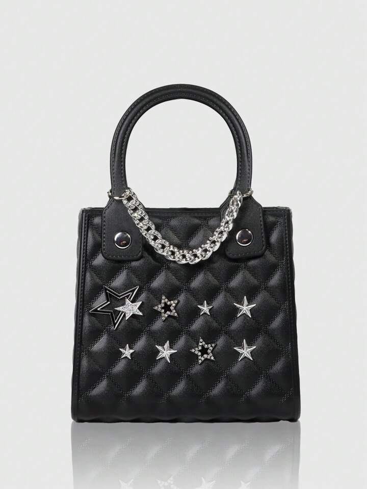 Grunge Punk 1pc Punk Style EVA Black Star Decor Waterproof Wear-Resistant Beach Tote Bag, Suitable For Vacation Use