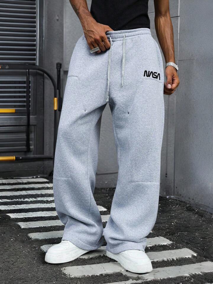 Solid Color Straight Leg Loose Fit Casual Sports Pants, Unisex Street Style