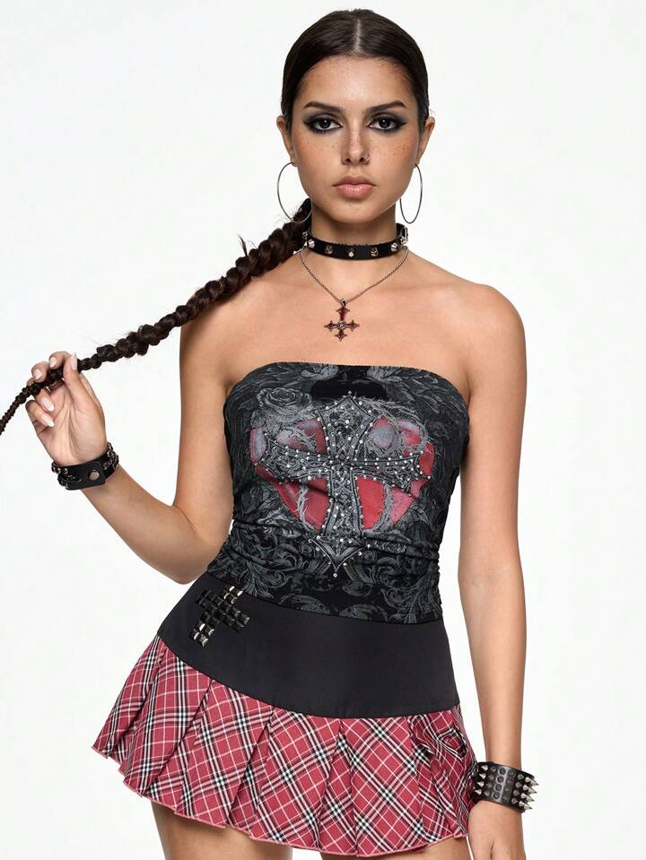 Gothic Rhinestone Cross & Heart Vine Decor Bustier Top, Summer/ Summerouis /Summer Cothes Women's Concert Costumes, Rave Costumes, Carnival Costumes, Country Concert Costumes  Backdess