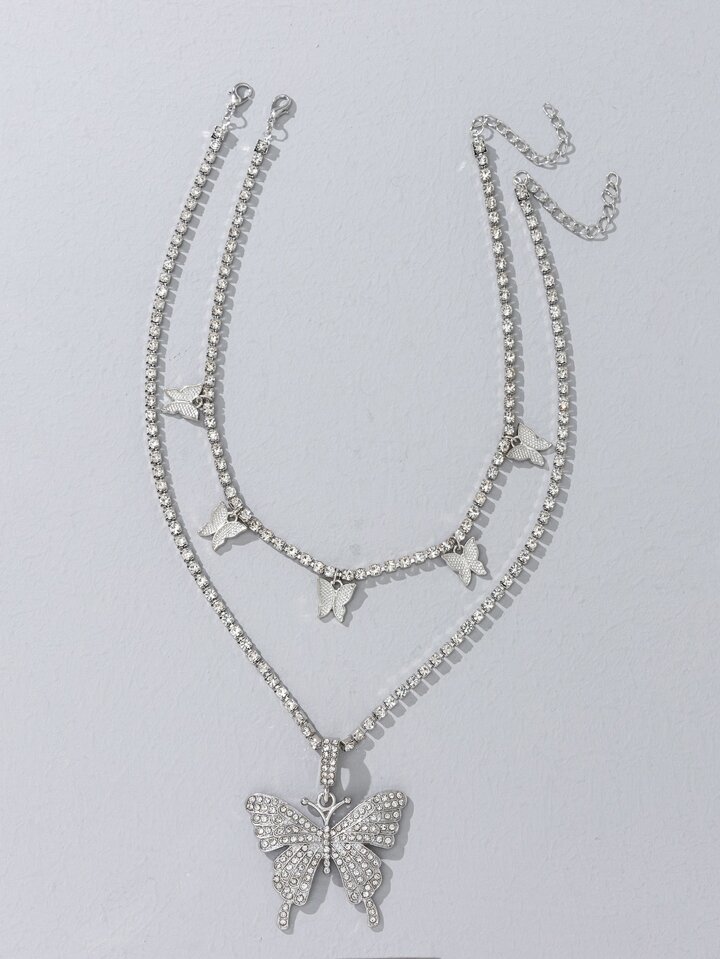 2pcs Rhinestone Decor Butterfly Design Necklace