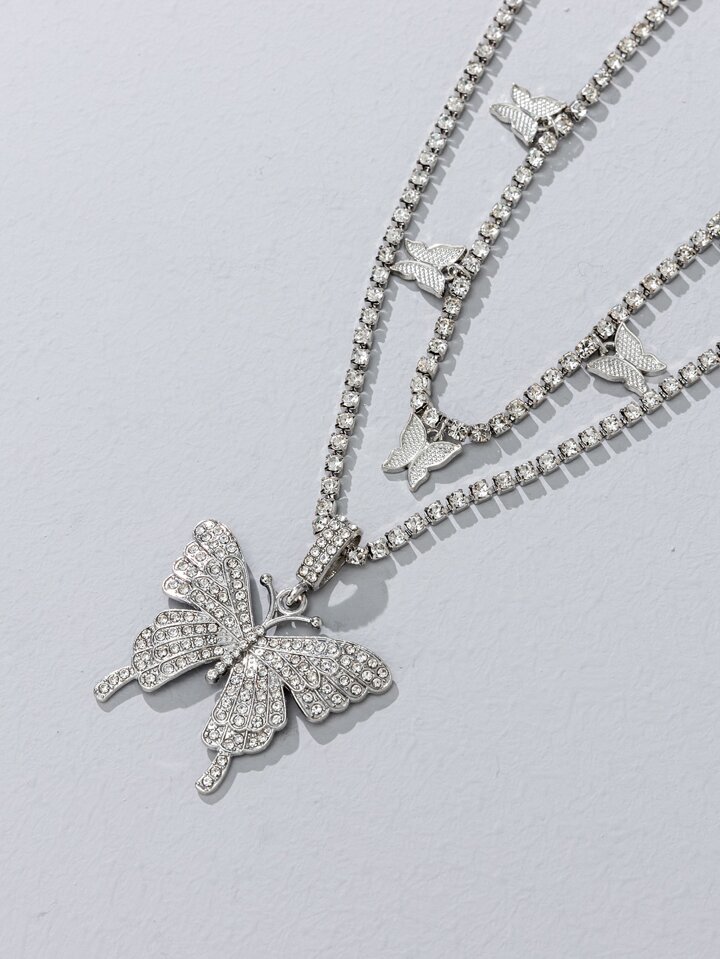 2pcs Rhinestone Decor Butterfly Design Necklace