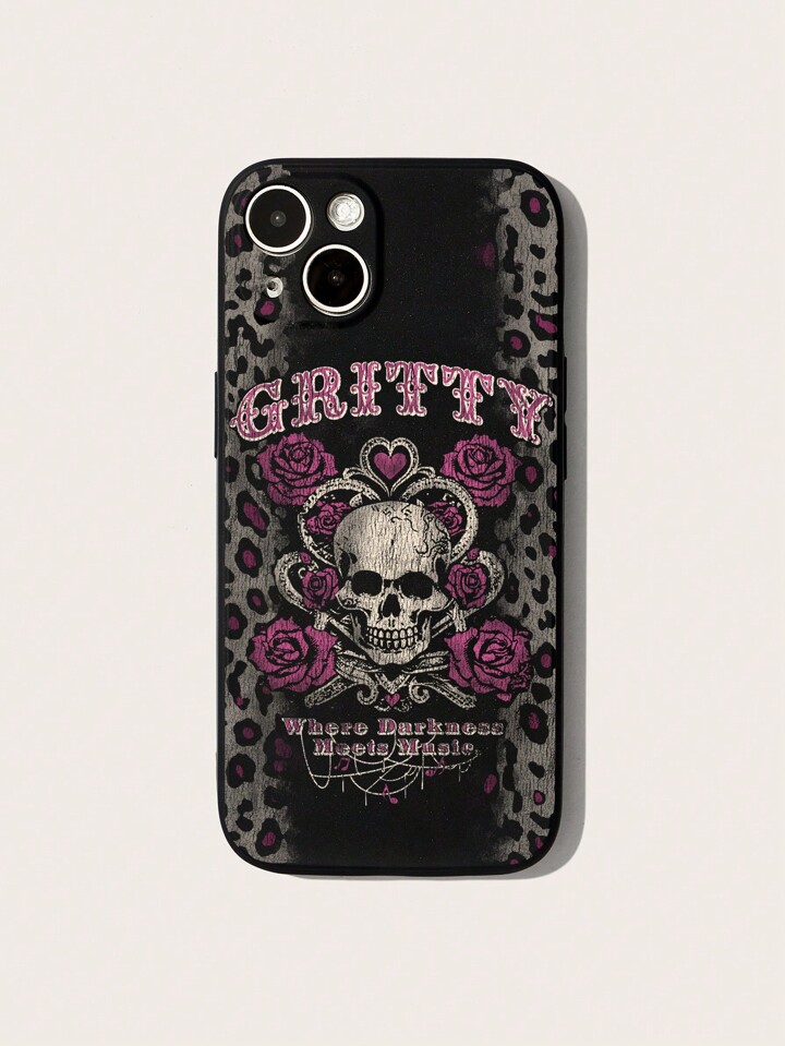 Grunge Punk 1pc Gothic Style Retro Skull & Rose Pattern Black Phone Case, Halloween