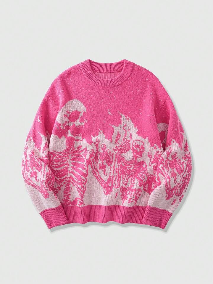 Street Life Men's Skull Jacquard Crew Neck Long Sleeve Sweater, Streetwear, Autumn/Winter