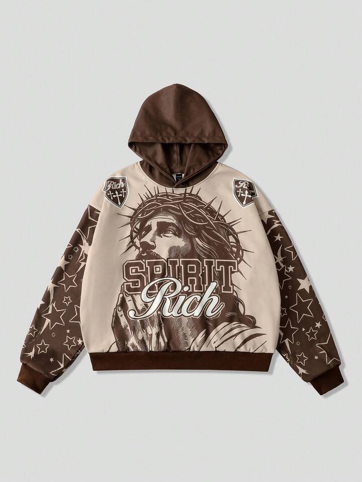 Street Life Men's Letter & Figure Jesus Print Casual Loose Fit Hoodie Sweatshirt, Long Sleeve Top