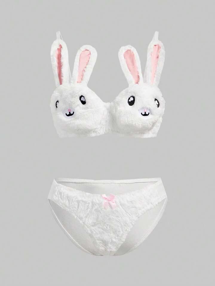 Kawaii Cute Bunny Embroidery Plush Lace Bow Wireless Bra Set, For Valentine's Day