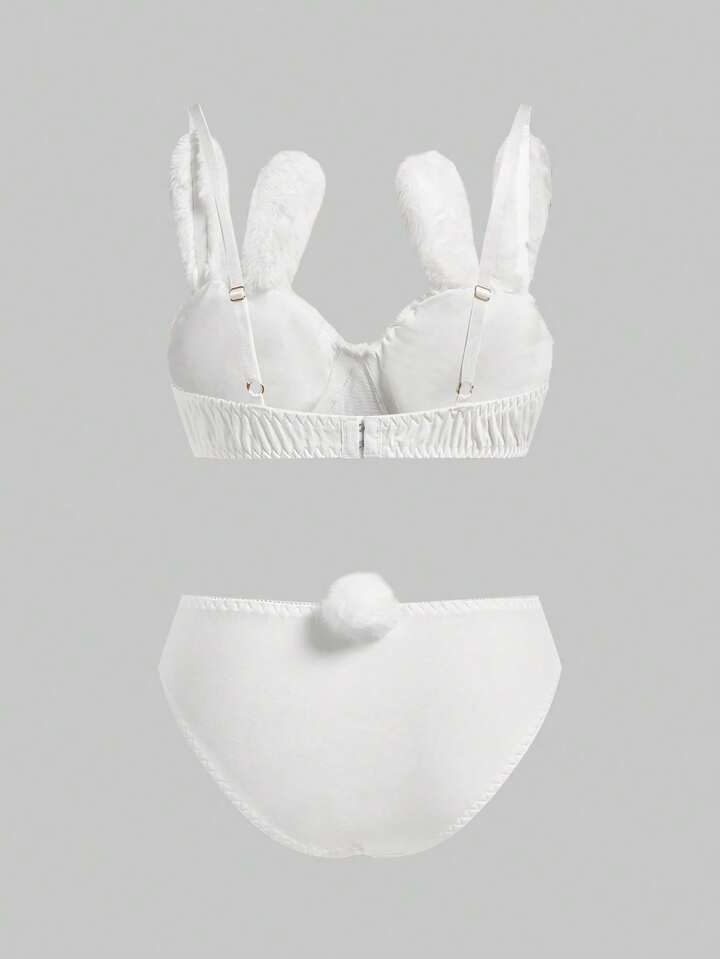 Kawaii Cute Bunny Embroidery Plush Lace Bow Wireless Bra Set, For Valentine's Day 2 Kawaii Cute Bunny Embroidery Plush Lace Bow Wireless Bra Set, For Valentine's Day