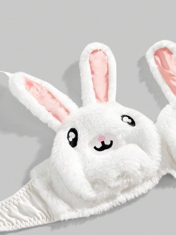 Kawaii Cute Bunny Embroidery Plush Lace Bow Wireless Bra Set, For Valentine's Day 3 Kawaii Cute Bunny Embroidery Plush Lace Bow Wireless Bra Set, For Valentine's Day