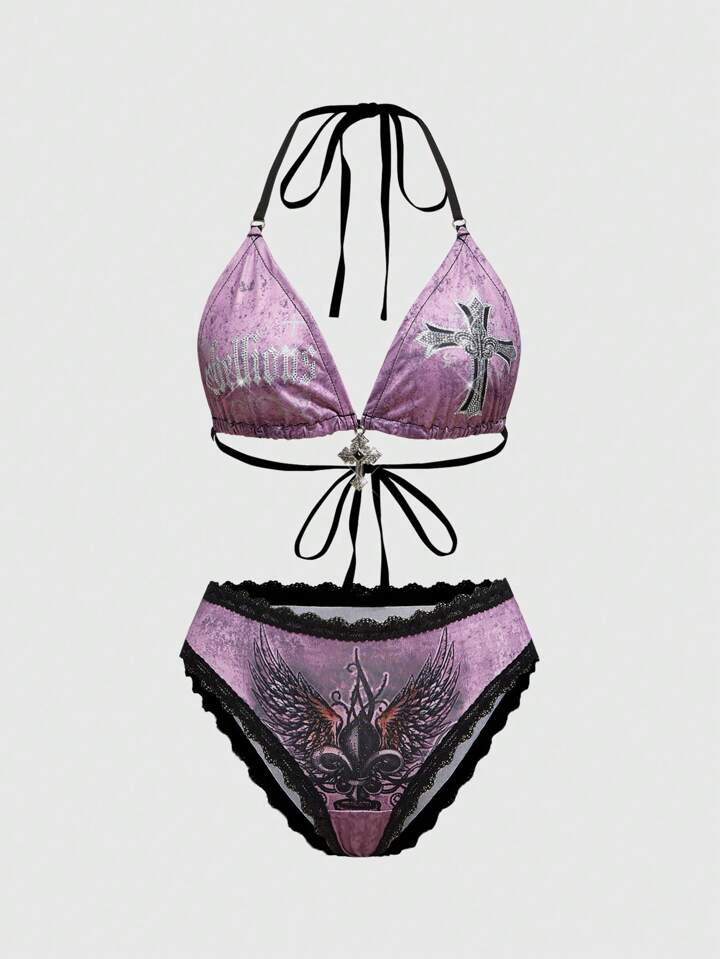 J-Fashion Y2K Retro Sexy Cross & Wing Print Tie-Up Front Wireless Bra Set For Women