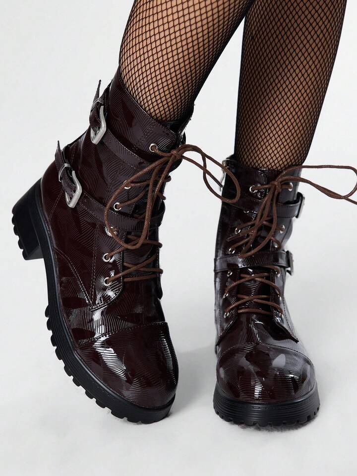 Grunge Punk Women's Vintage Buckle Side Zipper Thick Sole Short Boots, Fashion Elegant Versatile Round Toe Lace-Up Mid-Calf Boots