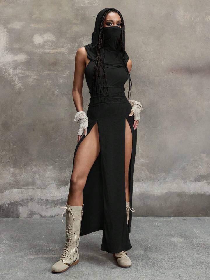 Grunge Punk Y2K Vintage Apocalypse Inspired Hooded Plunge Neckline High Slit Dress