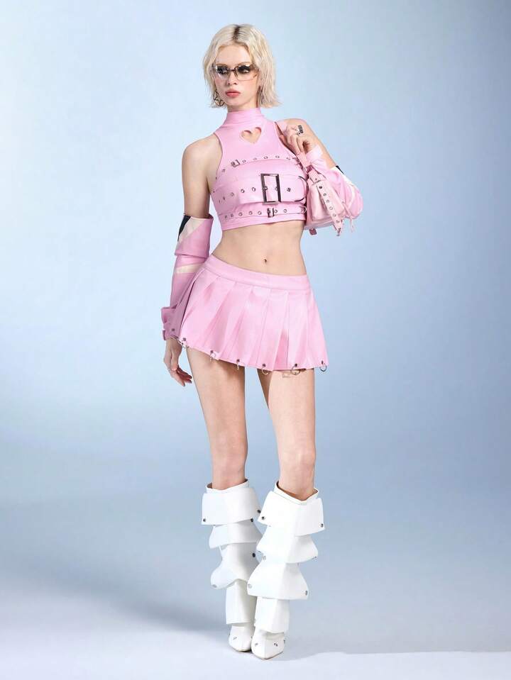 ROMWE Avant 2pcs Neon Knight Biker Chic Sweetheart Pink Heart Cutout Sleeve Faux Leather Women Jacket Set