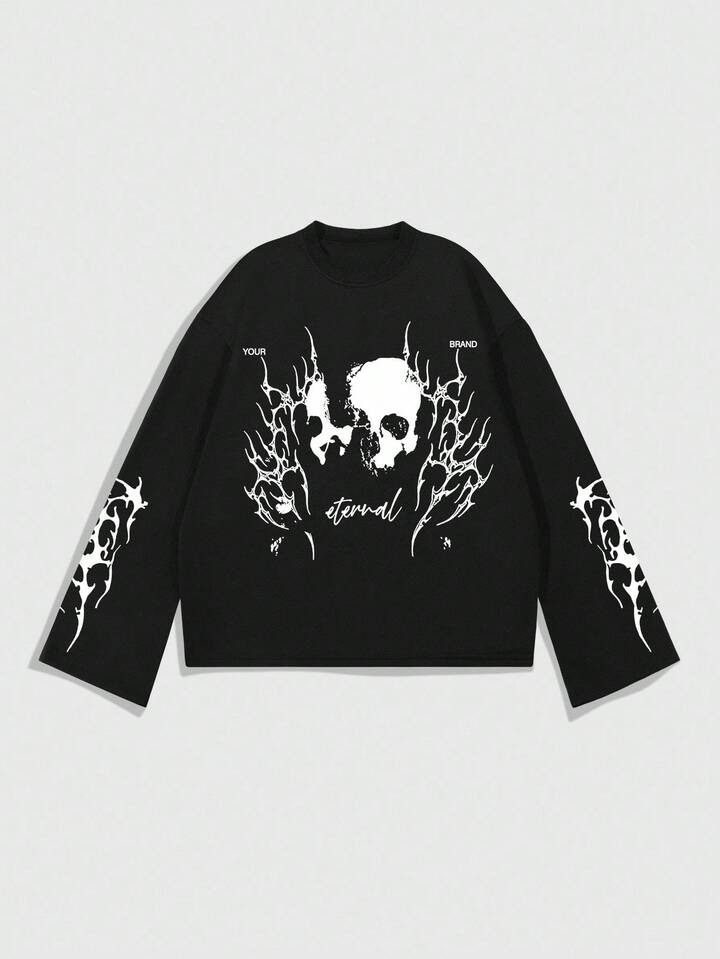 Goth Men's Casual Loose Fit Skull Print Round Neck Long Sleeve T-Shirt, Autumn, For Fall