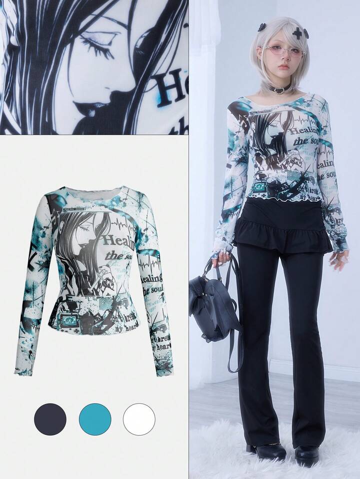 Women's Anime Medical-Themed Sexy Sheer Vintage Tie-Dye Print Blouse