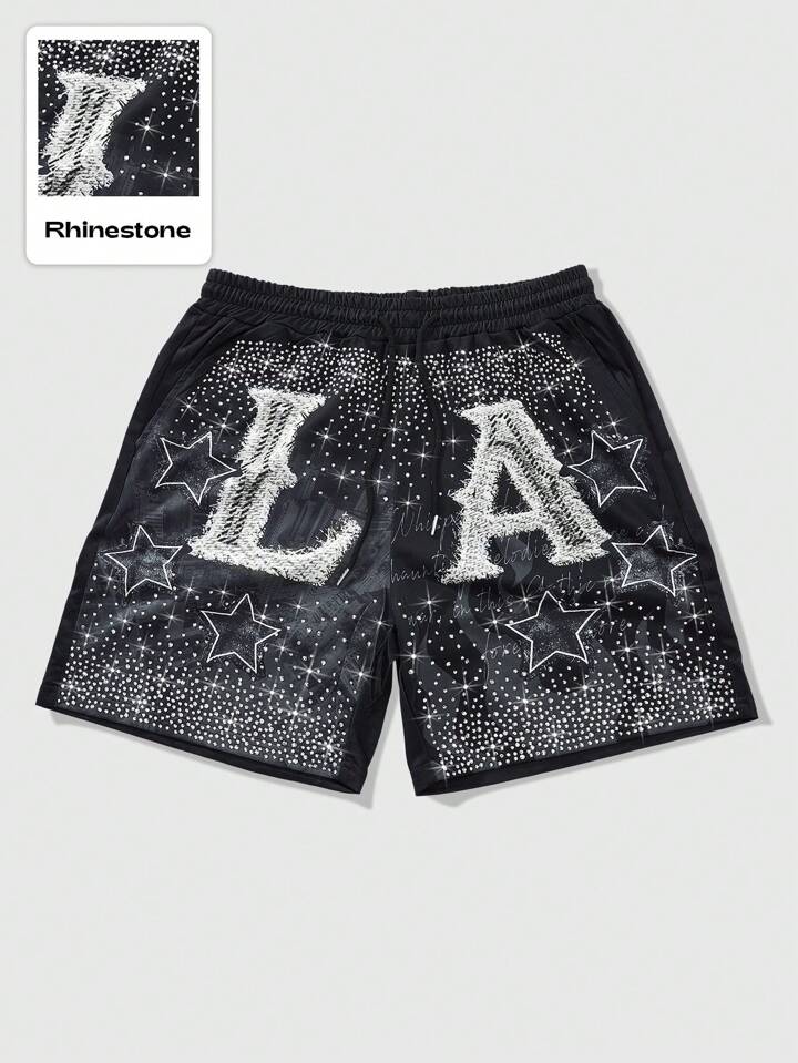 Street Life Men's Slogan Print Rhinestone Embellished Casual Shorts