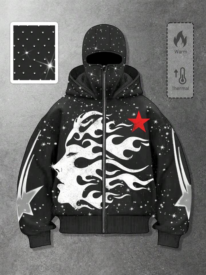Street Life Stylish Dark Hooded Zip-Up Sweatshirt Jacket With Rhinestone Embellishment For Men