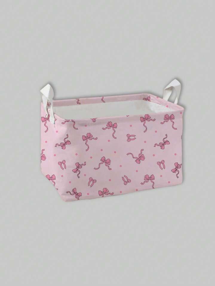 Kawaii 1pc Pink Ground Bowknot Pattern Storage Laundry Basket, Suitable For Bedroom, Living Room, Bathroom