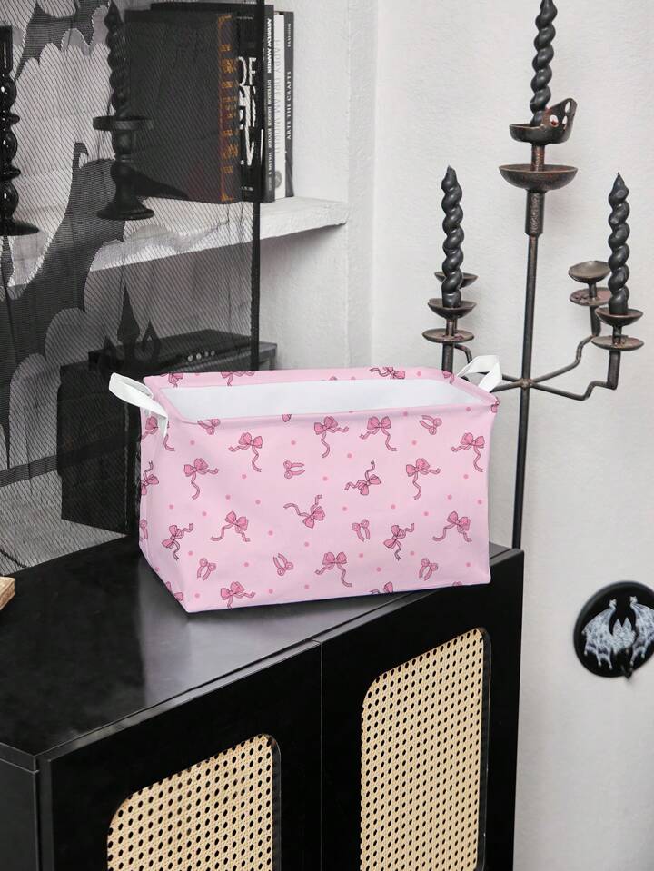 Kawaii 1pc Pink Ground Bowknot Pattern Storage Laundry Basket, Suitable For Bedroom, Living Room, Bathroom 2 Kawaii 1pc Pink Ground Bowknot Pattern Storage Laundry Basket, Suitable For Bedroom, Living Room, Bathroom