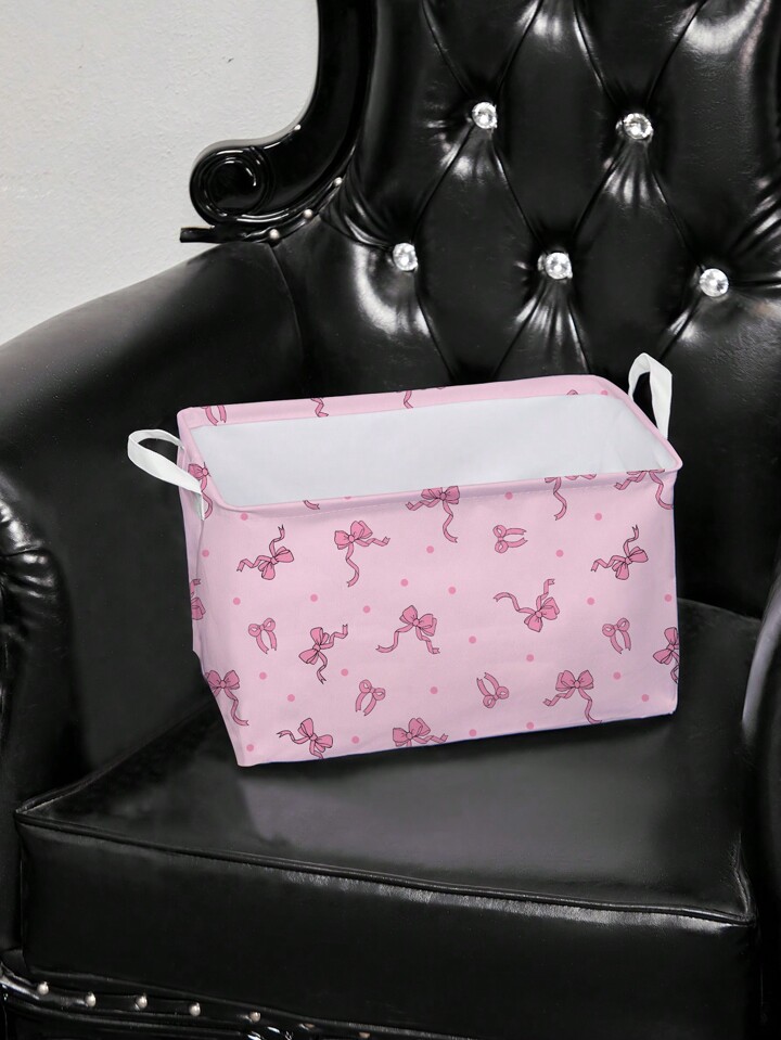 Kawaii 1pc Pink Ground Bowknot Pattern Storage Laundry Basket, Suitable For Bedroom, Living Room, Bathroom 3 Kawaii 1pc Pink Ground Bowknot Pattern Storage Laundry Basket, Suitable For Bedroom, Living Room, Bathroom