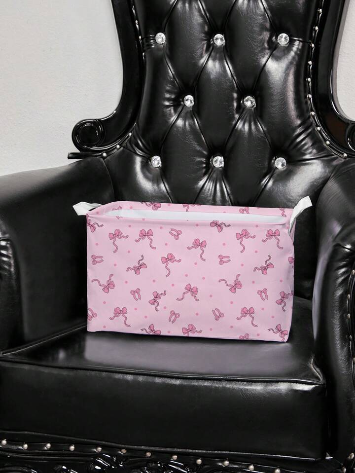 Kawaii 1pc Pink Ground Bowknot Pattern Storage Laundry Basket, Suitable For Bedroom, Living Room, Bathroom 4 Kawaii 1pc Pink Ground Bowknot Pattern Storage Laundry Basket, Suitable For Bedroom, Living Room, Bathroom