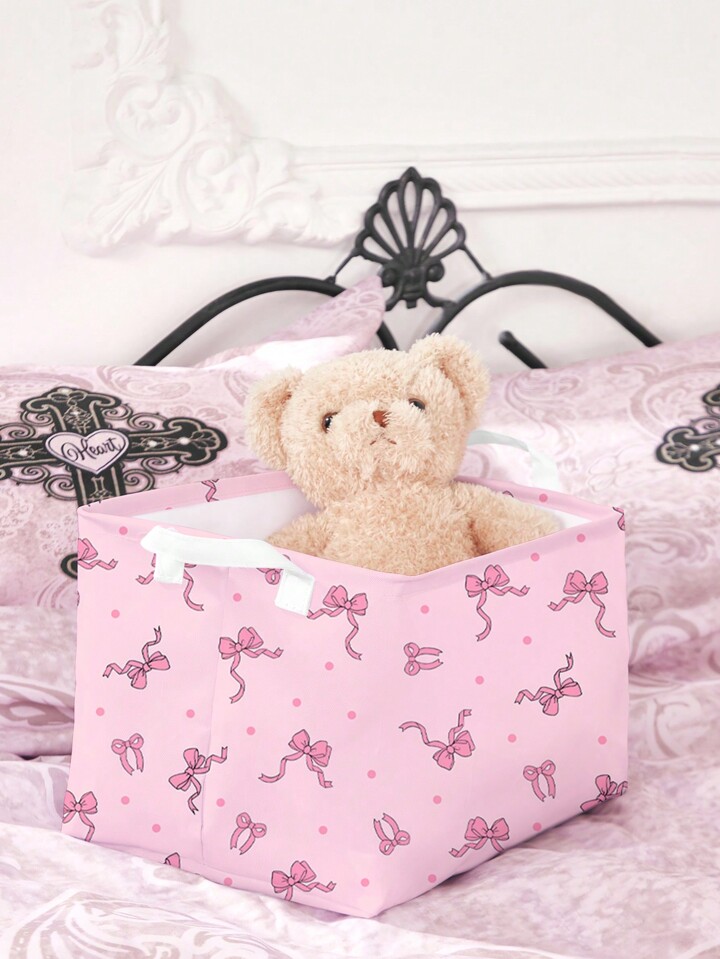 Kawaii 1pc Pink Ground Bowknot Pattern Storage Laundry Basket, Suitable For Bedroom, Living Room, Bathroom 5 Kawaii 1pc Pink Ground Bowknot Pattern Storage Laundry Basket, Suitable For Bedroom, Living Room, Bathroom