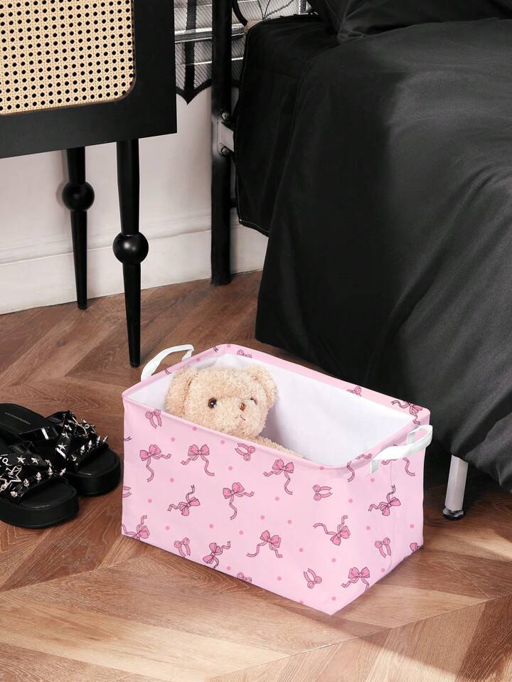 Kawaii 1pc Pink Ground Bowknot Pattern Storage Laundry Basket, Suitable For Bedroom, Living Room, Bathroom 6 Kawaii 1pc Pink Ground Bowknot Pattern Storage Laundry Basket, Suitable For Bedroom, Living Room, Bathroom