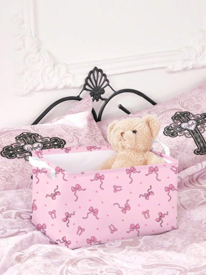 Kawaii 1pc Pink Ground Bowknot Pattern Storage Laundry Basket, Suitable For Bedroom, Living Room, Bathroom 7 Kawaii 1pc Pink Ground Bowknot Pattern Storage Laundry Basket, Suitable For Bedroom, Living Room, Bathroom