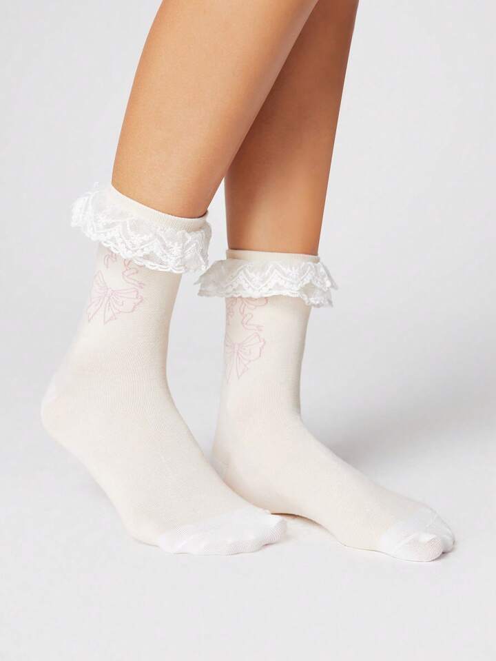 Kawaii 1 Pair Cute Pink Bow Detail Comfortable Mid-Calf Socks For Women