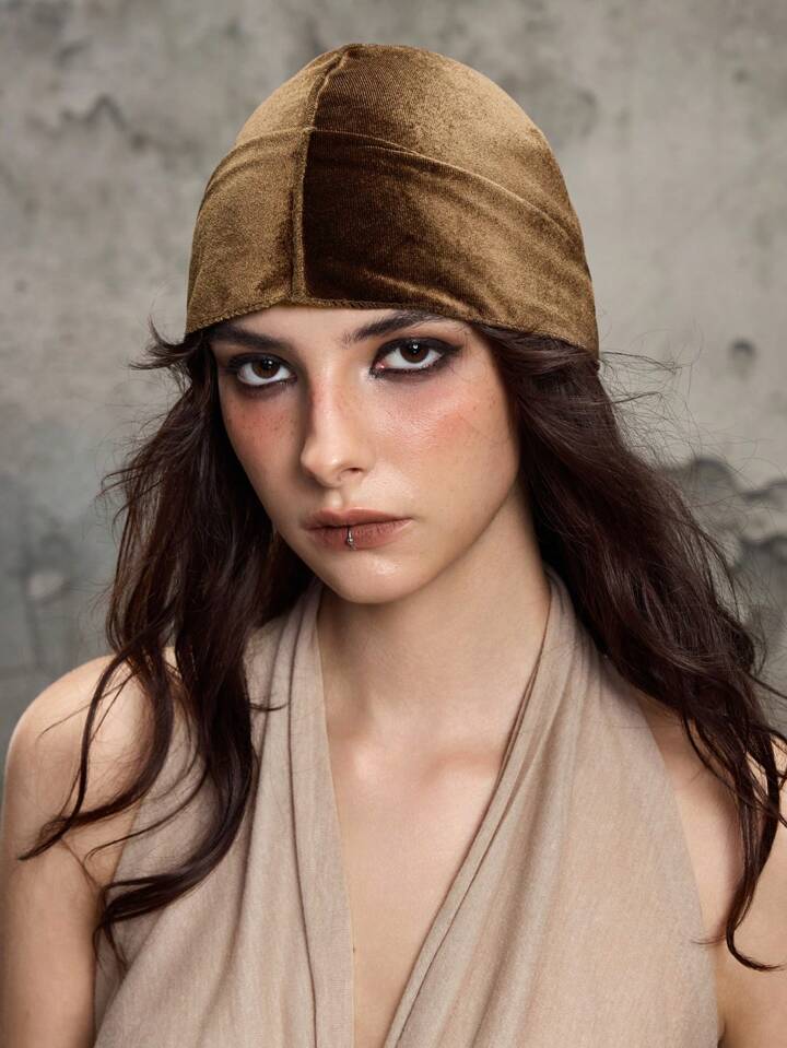 Grunge Punk 1pc Punk Retro Brown Solid Color Pirate Hat, Hiphop Chic Long Tail Beanie Cap, Everyday Versatile Elastic Knit Hat With Unique Design