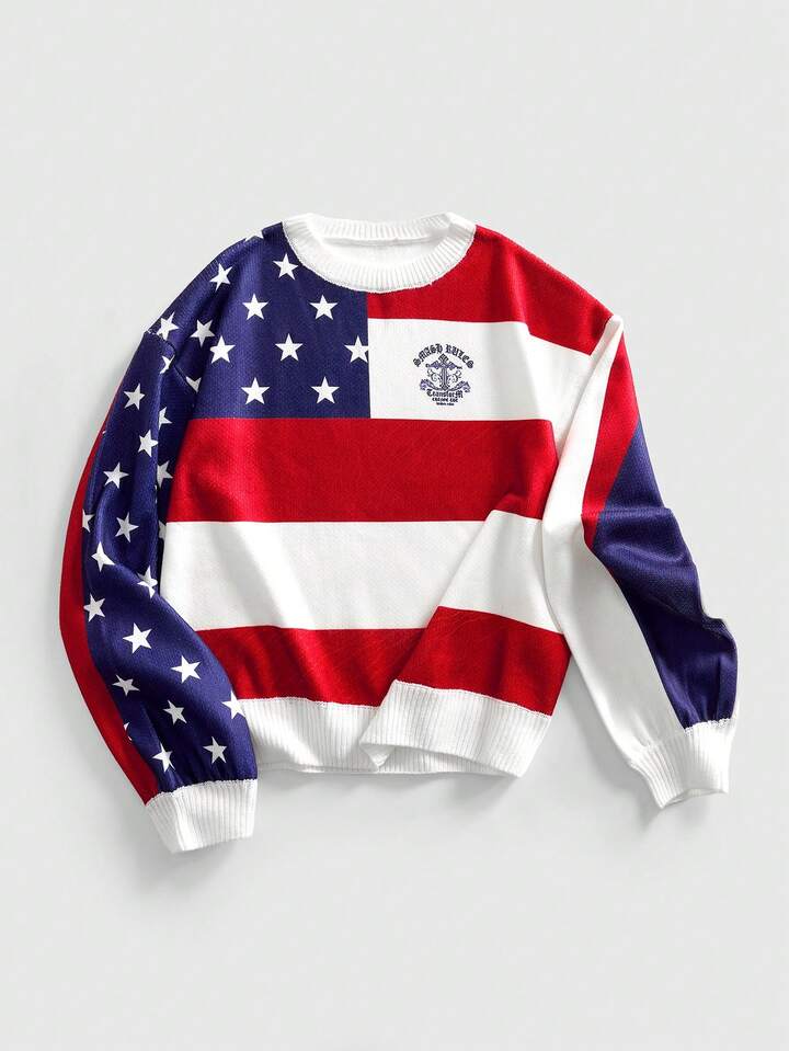Street Life Men's Flag Print Knitted Crew Neck Long Sleeve Pullover Sweater, Autumn/Winter