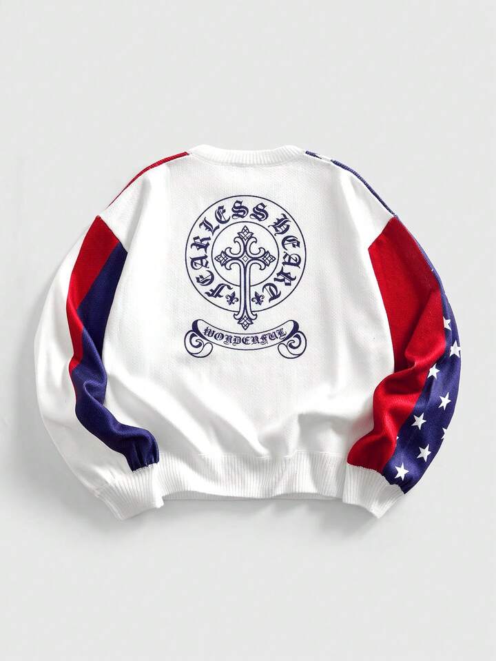 Street Life Men's Flag Print Knitted Crew Neck Long Sleeve Pullover Sweater, Autumn/Winter 2 Street Life Men's Flag Print Knitted Crew Neck Long Sleeve Pullover Sweater, Autumn/Winter