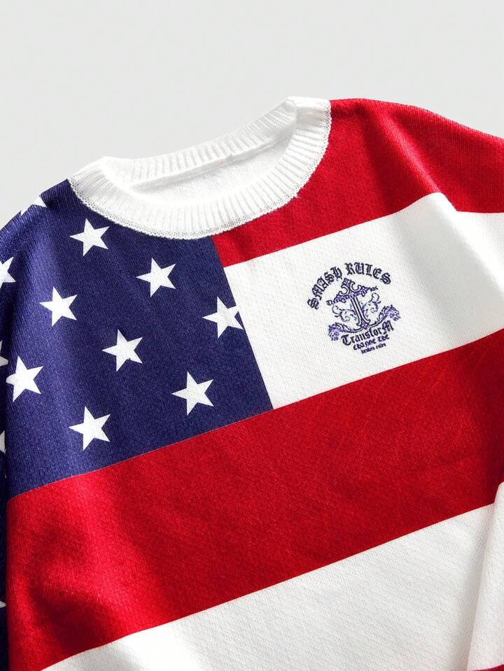 Street Life Men's Flag Print Knitted Crew Neck Long Sleeve Pullover Sweater, Autumn/Winter 3 Street Life Men's Flag Print Knitted Crew Neck Long Sleeve Pullover Sweater, Autumn/Winter