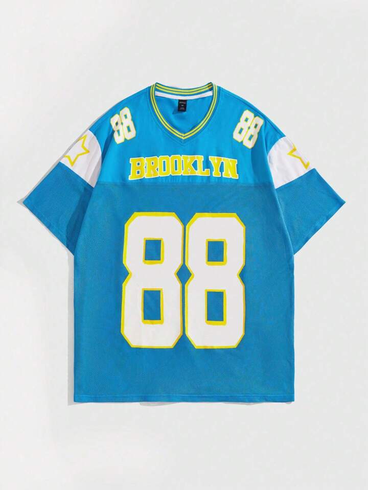 Men Summer V-Neck Short Sleeve Casual Jersey T-Shirt With Letter Print, School