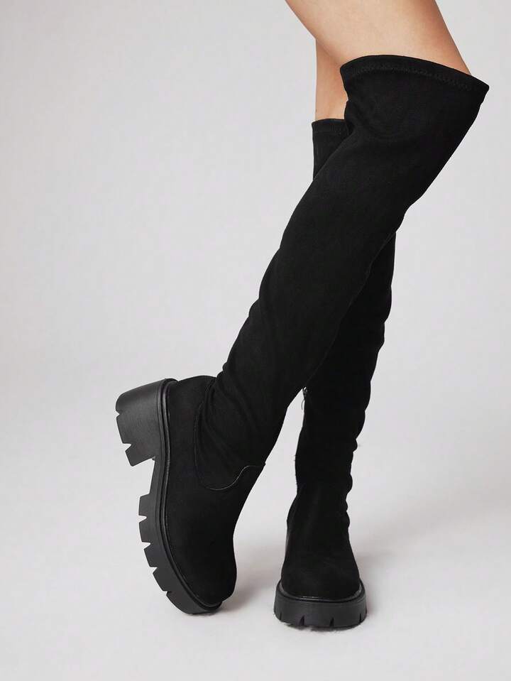 Goth Women's Fashion Over The Knee Boots Comfortable Round Toe Chunky Block Heels Thigh High Fall Boots With Adjustable Drawstring And Side Zipper For Christmas