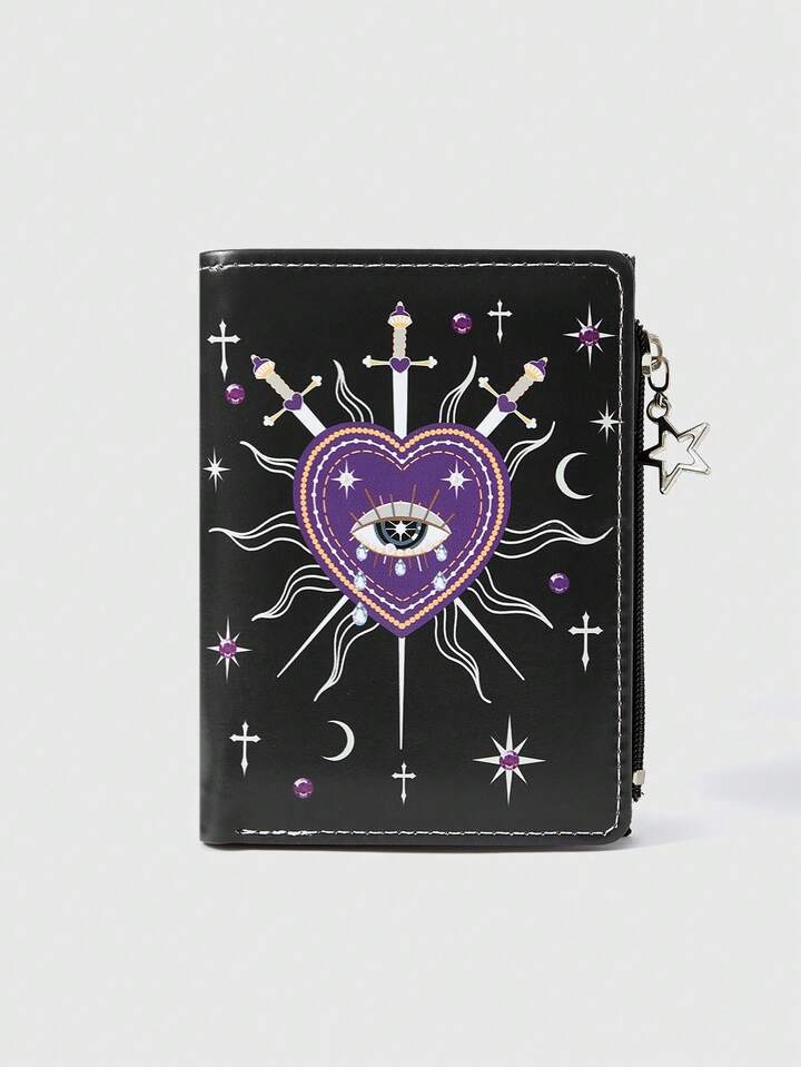 Gothic Style Wallet, Punk Girl Love Eye Gem Crystal Teardrop, Star, Sun, Sword Creative Design Pentagram Zipper Coin Purse, Casual Fashion Card Holder
