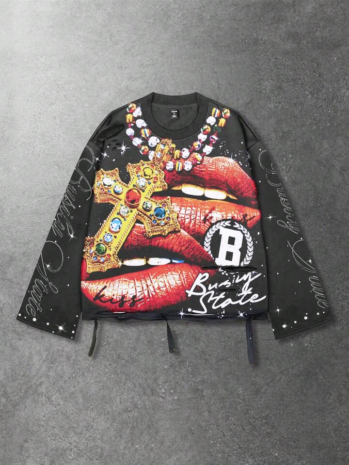Street Life Vintage Street Style Distressed Saint Graphic Long Sleeve Crew Neck Men's T-Shirt