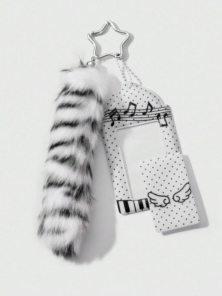 Grunge Punk 1pc Y2K Style Retro Minimalist High-Quality Black & White Faux Fur Ombre Tail, PVC Glossy Card Holder With Music Elements, Polka Dot Wings, Piano Keys, Stars Keychain Pendant For Women, Suitable For Daily Wear And Holiday Gifts