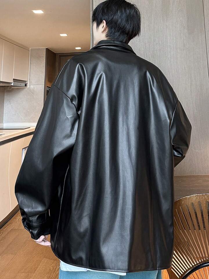 Guys Flap Pocket Drop Shoulder PU Jacket