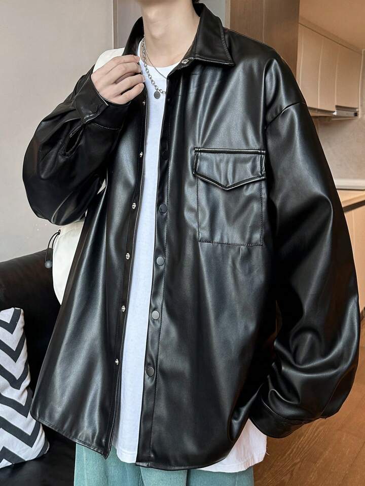 Guys Flap Pocket Drop Shoulder PU Jacket