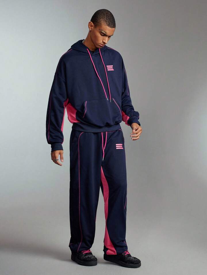 Prep Men's Contrast Color Casual Hoodie And Pants Set, Fall Clothes