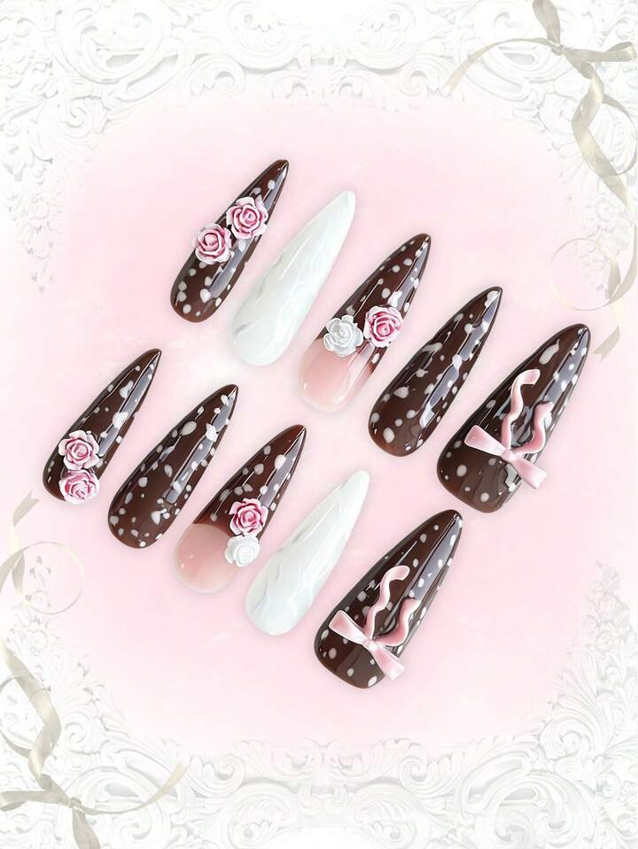 Anime 10 Pieces Of Deer Spot Element Nails, High-Quality Handmade Fake Nail Pads + 3 Pieces Of Double-Sided Tape, Elegant French Three-Dimensional Rosegrass, Bow Nail Art, Removable Long Almond-Shaped Wearing Armor, Suitable For Parties, Dances And Daily Wear.