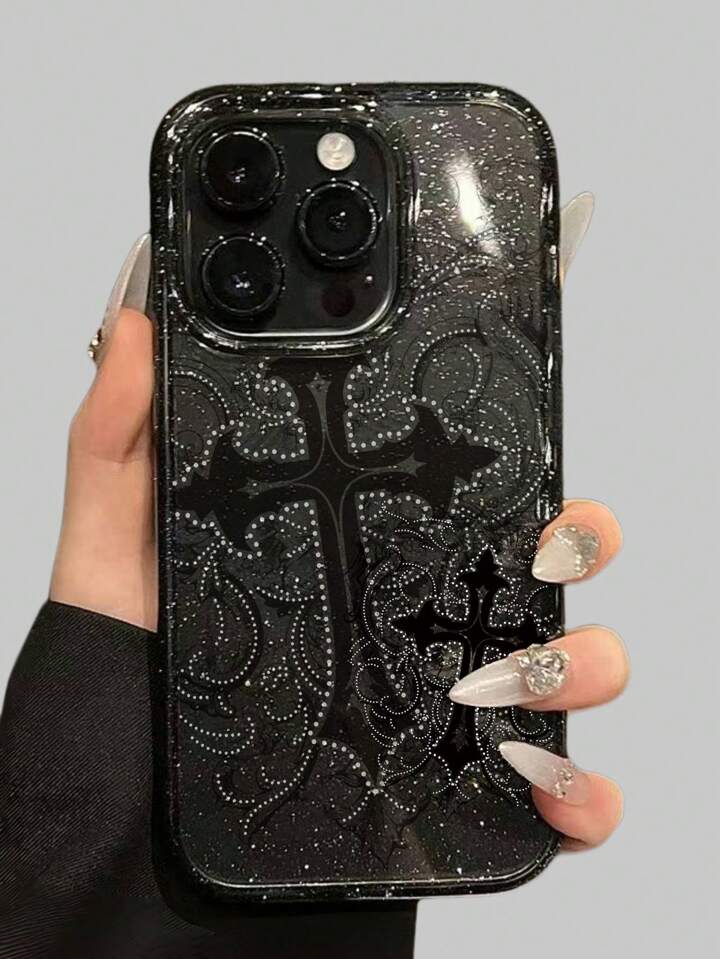 1pc Gothic Style Cross Pattern Transparent Glitter Phone Case, Halloween