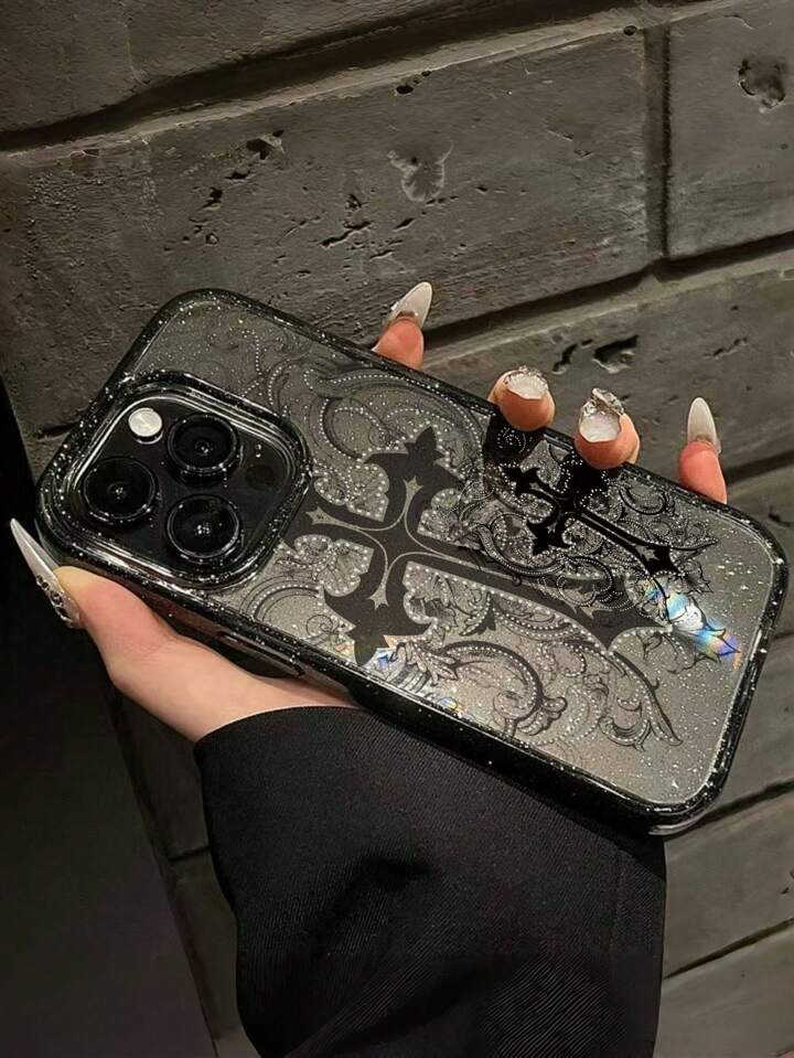 1pc Gothic Style Cross Pattern Transparent Glitter Phone Case, Halloween