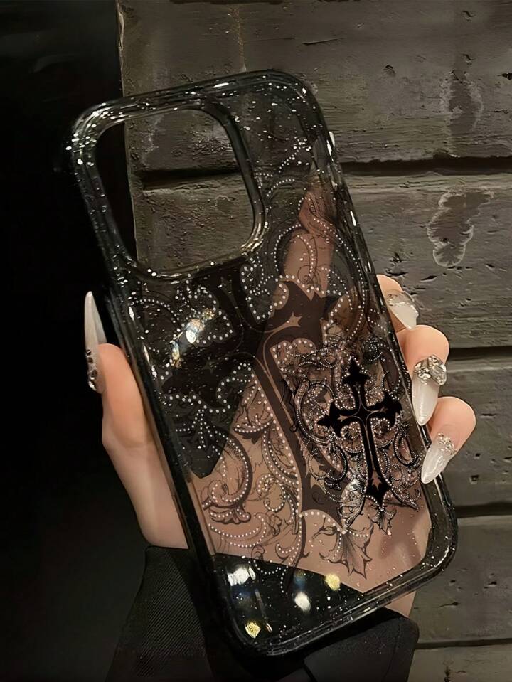 1pc Gothic Style Cross Pattern Transparent Glitter Phone Case, Halloween