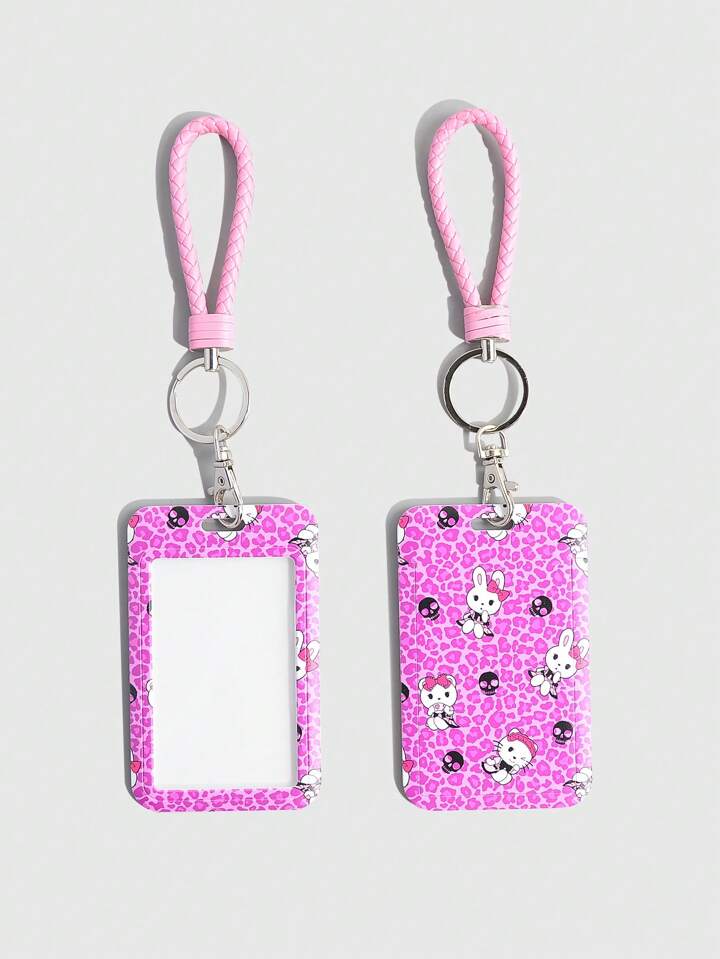 Kawaii 1pc Back To School Cute Rabbit & Leopard Print Sliding Card Holder, ID/Access Card Protector