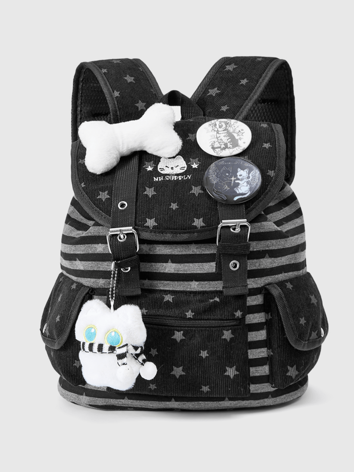 Grunge Punk Punk Style Cat Paw, Bone, Star Print Contrast Color Multi-Pocket Black Backpack, Fashionable Casual Unisex Large Capacity Bag Suitable For Commuting, School